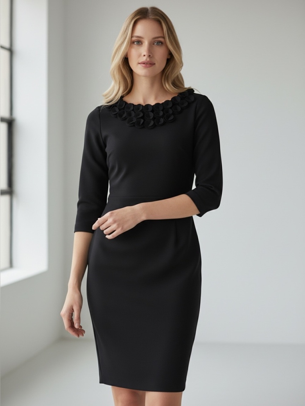 Talbots Black Midi Sheath Dress with Petal Neckline